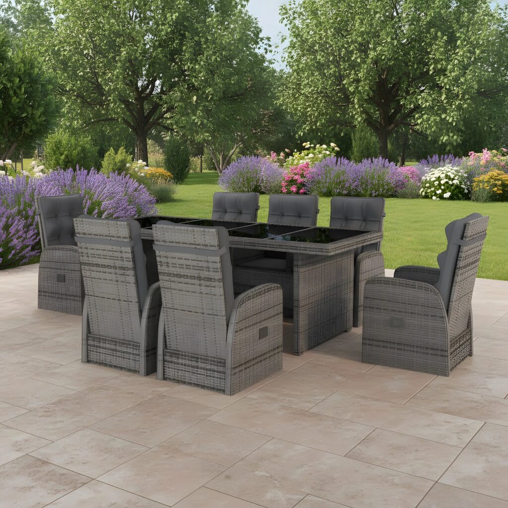 Table et chaises de jardin 11 places en résine tressée inclinables