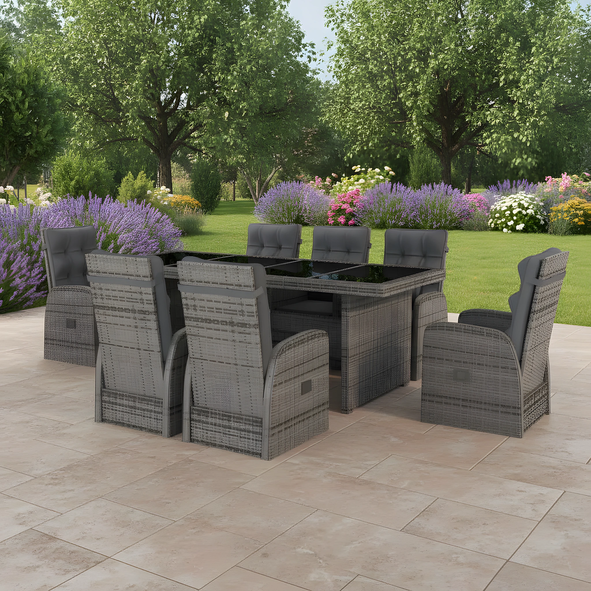 Table et chaises de jardin 11 places en résine tressée inclinables