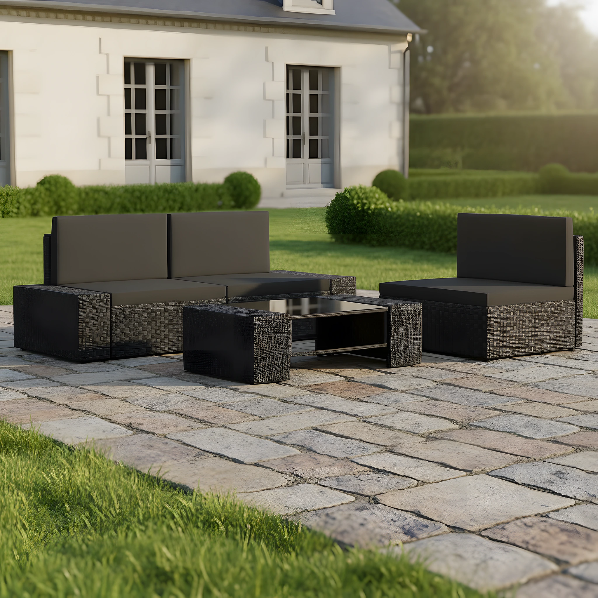 Salon de jardin d'angle 4 places en résine tressée modulable