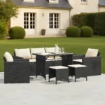 Salon de jardin 6 places en résine tressée avec tabourets et table