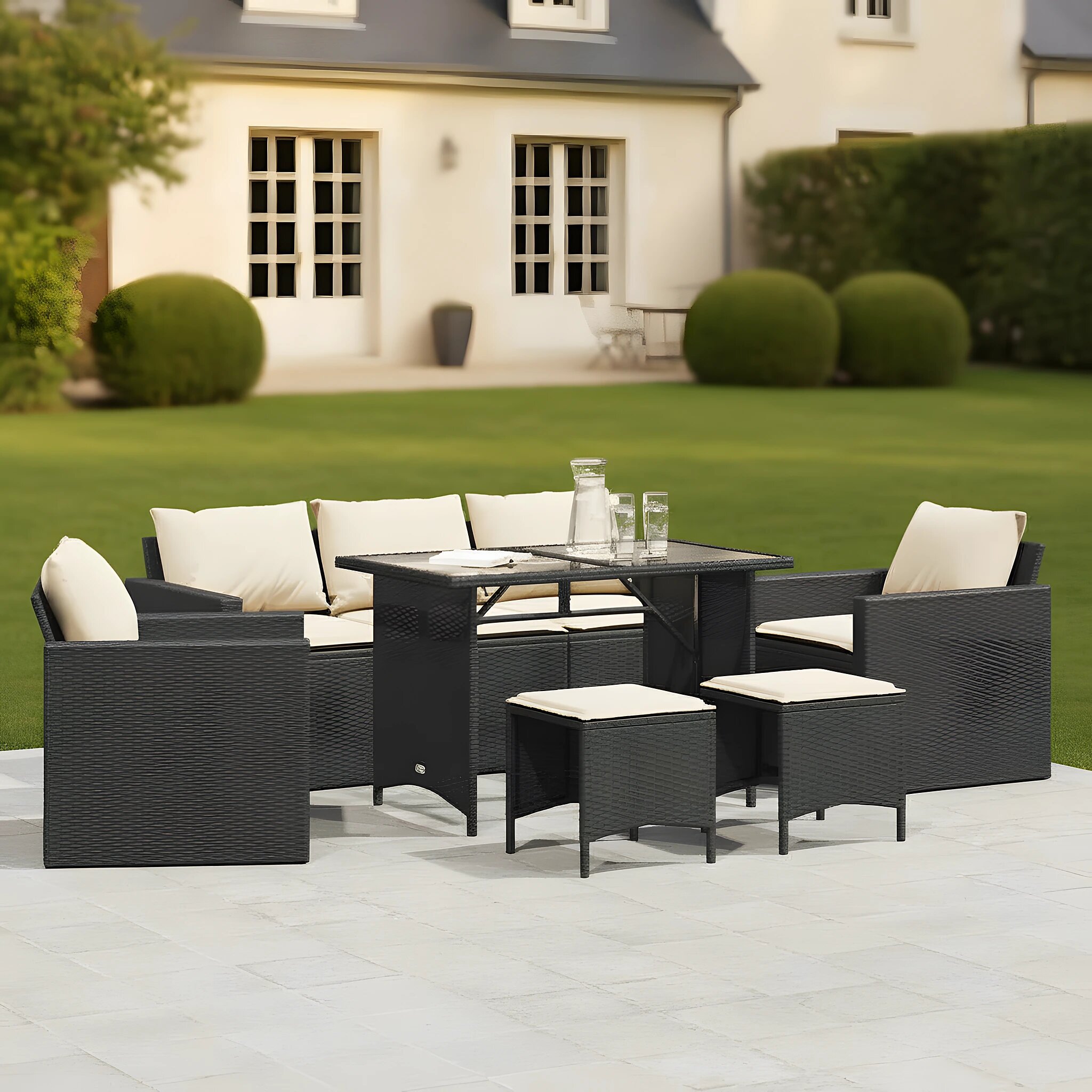 Salon de jardin 6 places en résine tressée avec tabourets et table