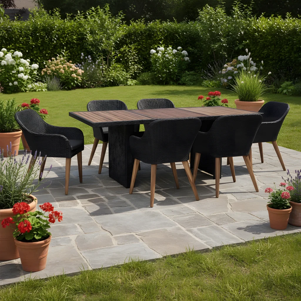 Table et chaises de jardin 7 places en résine tressée