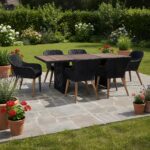 Table et chaises de jardin 7 places en résine tressée